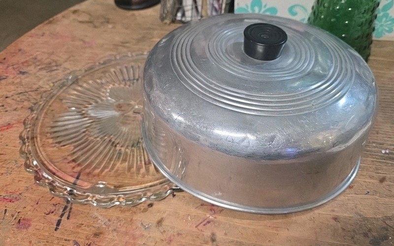 Vintage MCM Glass CAKE PLATE with Dome Aluminum LID