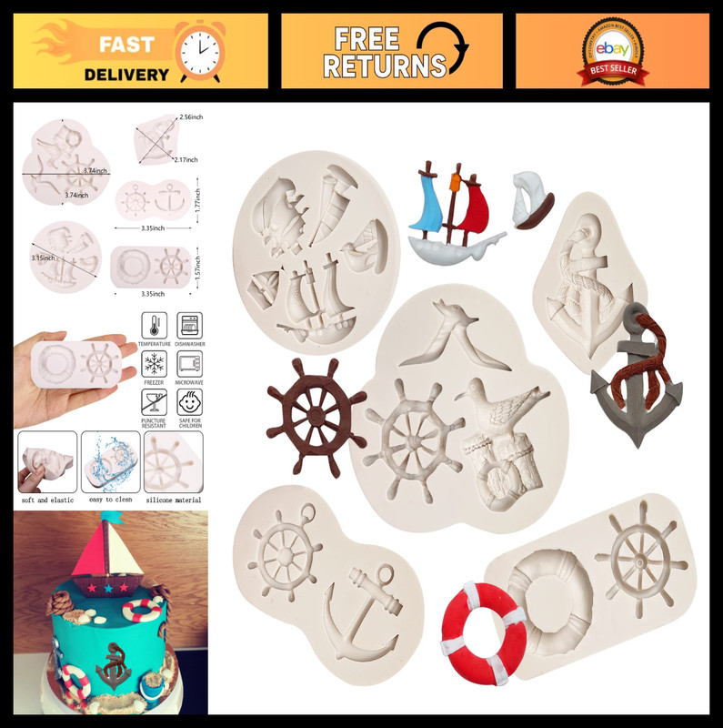 5 Pcs Silicone Fondant Molds – Anchor, Rudder, Seagull, Boat Cake Decor, DIY Cra