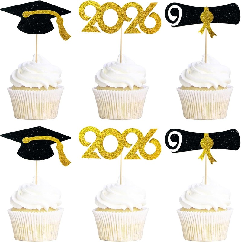 2026 Graduation Cupcake Toppers 48 Pack, Pre-Assembled Food & Appetizer Picks,