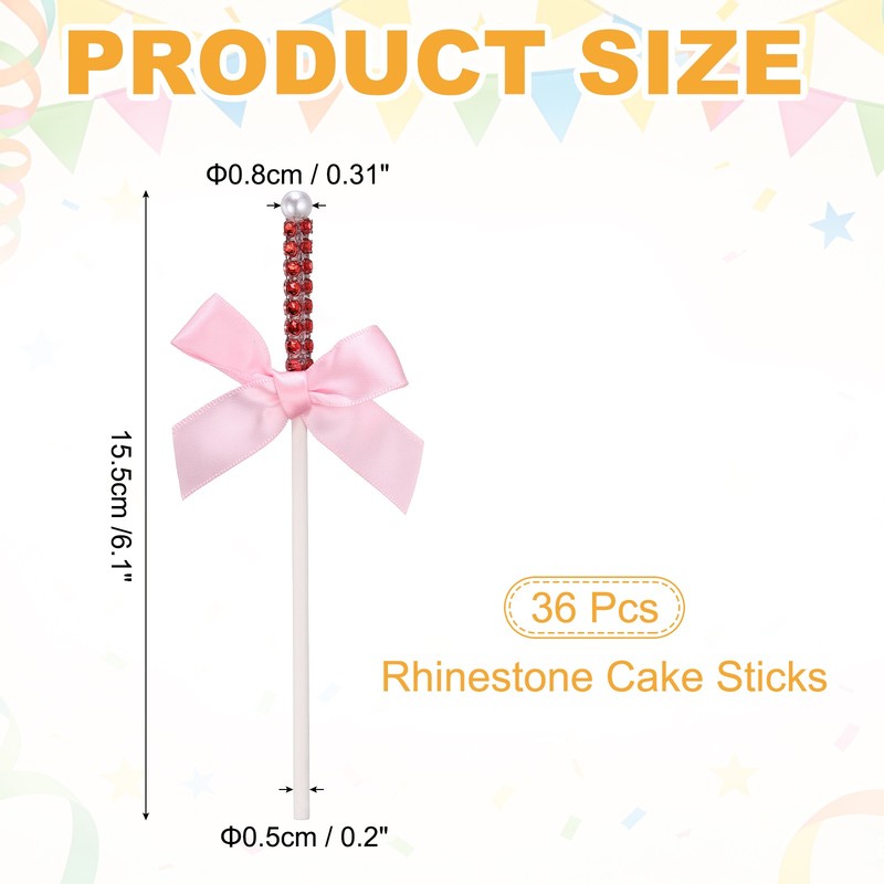 36 Pcs Bling Rhinestone Cake Sticks, Bow Lollipop Cake Toppers Pick, Pink gallery