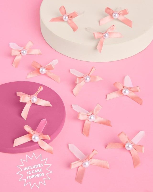 Mini Pink Bow + Pearl Cake Toppers | 12 pcs | Bachelorette Party Decoration, gallery
