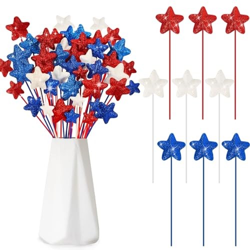 4th of July Decorations, 108 Pcs Glitter Puffy Star Picks Foam Star Stems Red