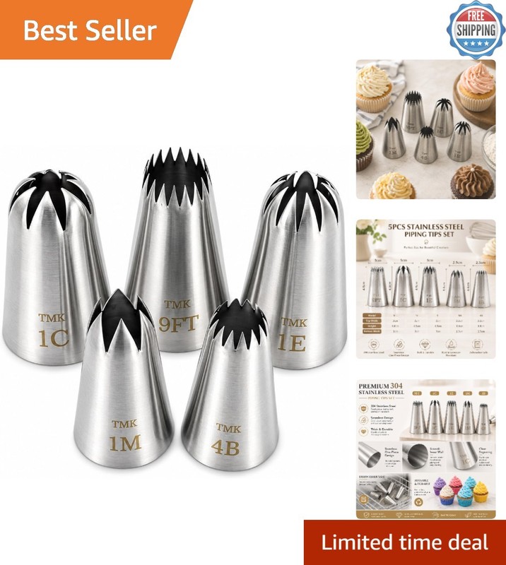 Professional Cake Decorating Tips Set – 5 Seamless Stainless Steel Nozzles