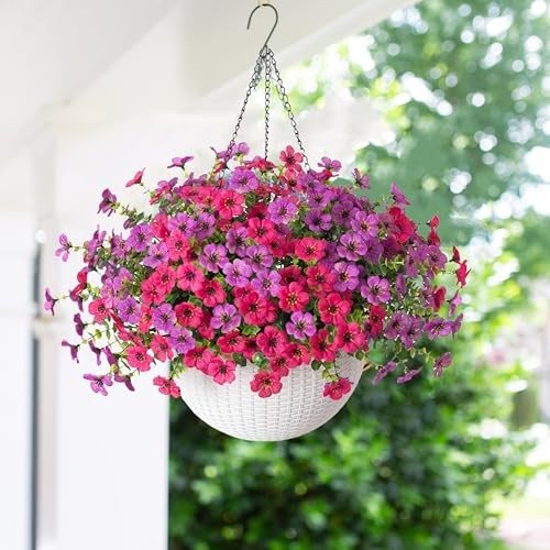 Artificial Fake Hanging Flowers Plants Basket for Outdoor Purplehotpink gallery