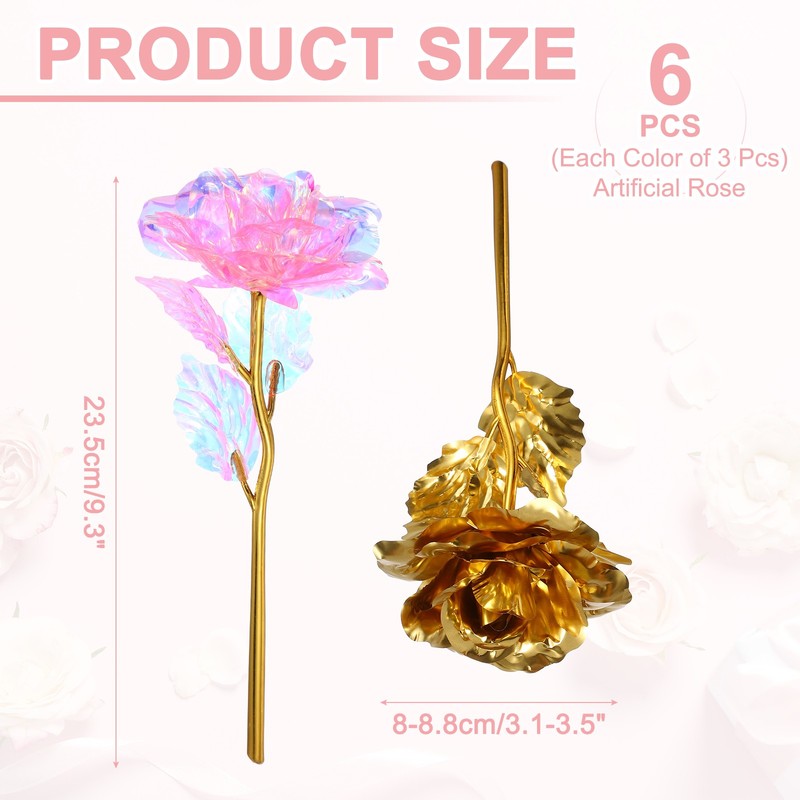 6 Pcs 24K Colorful Gold Rose, Artificial Roses Flowers, Gold/Pink gallery