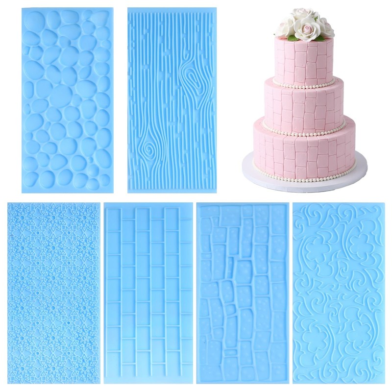 6 Pack Fondant Molds Texture Mats Wood Grain Brick Castle Wall Cobblestone Te...