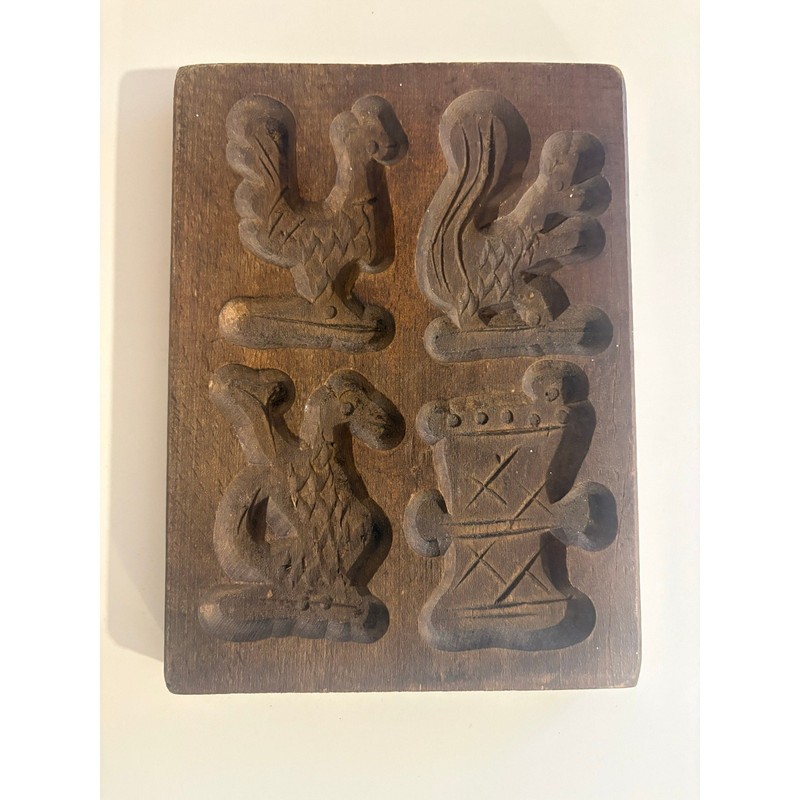 Antique Wooden Dutch German Butter Cookie Mold with Roosters