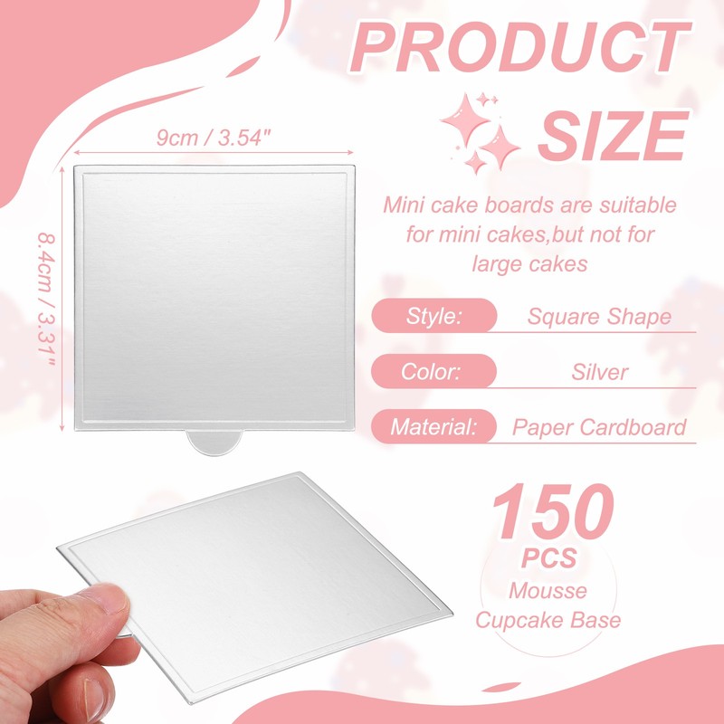 150 Pcs Mini Cake Boards, 3.5 Inch Square Mousse Cake Base, Silver gallery