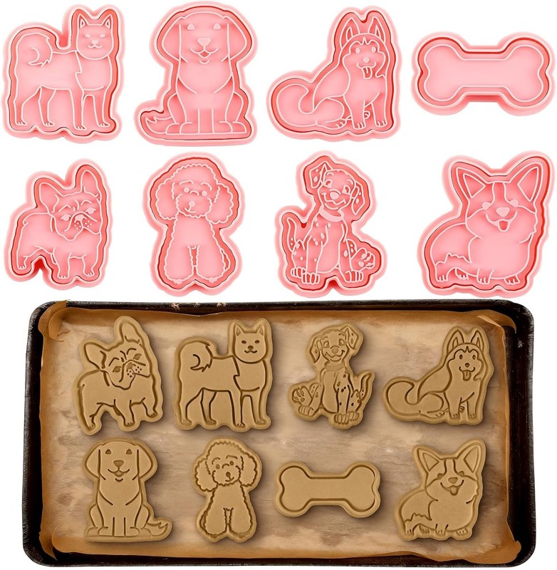 Dog Cookie Cutters Set, 8 Pcs 3D Cute Puppy Cookie Stamp with Plunger Dogs