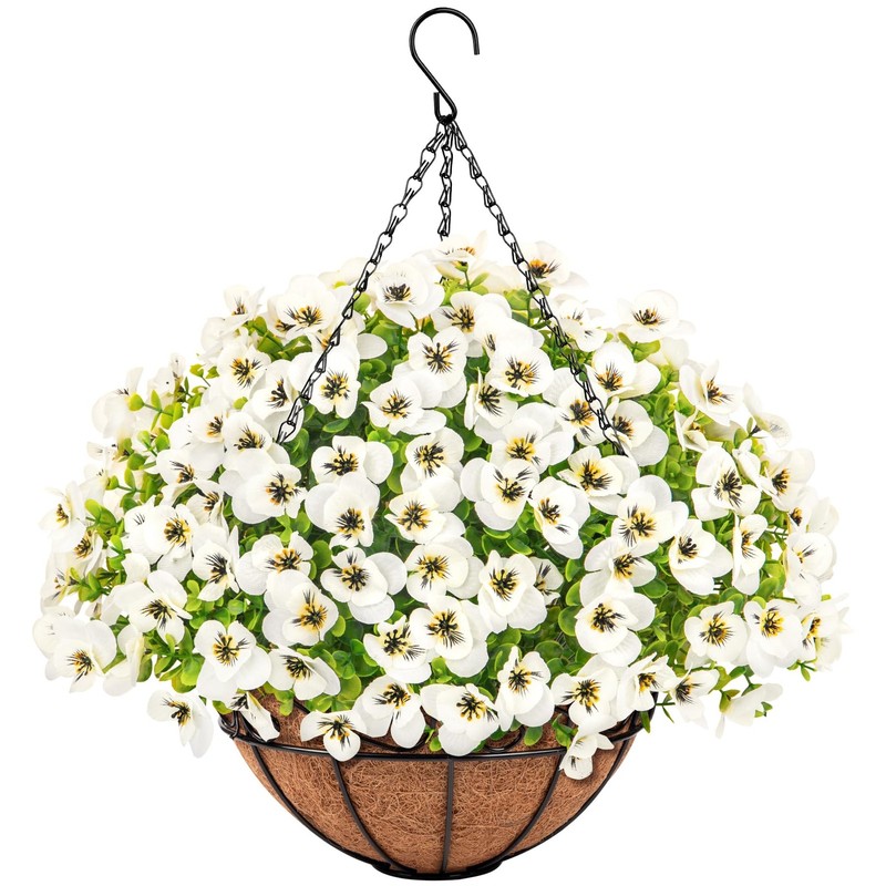 Besteek Artificial Hanging Flowers Baskets For Outdoors Fake Silk Pansy Flowers