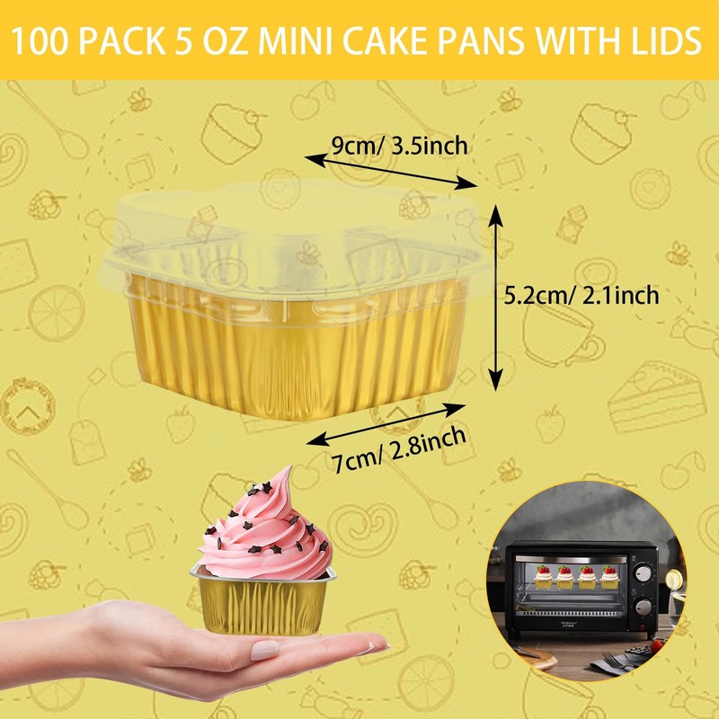 100 PCS 5 oz Mini Square Baking Cups with Lids Aluminum Foil Cupcake Pans gallery