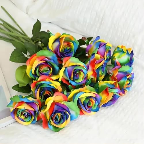 12 PCS Artificial Flowers Rainbow Roses Silk Flowers Fake Long Multi-color gallery
