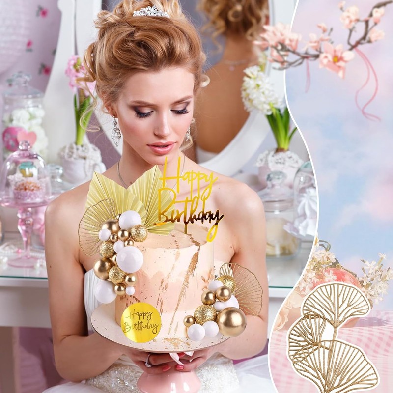 White Gold Balls Cake Toppers Champagne Rose Cake Decoration with Gold Palm gallery