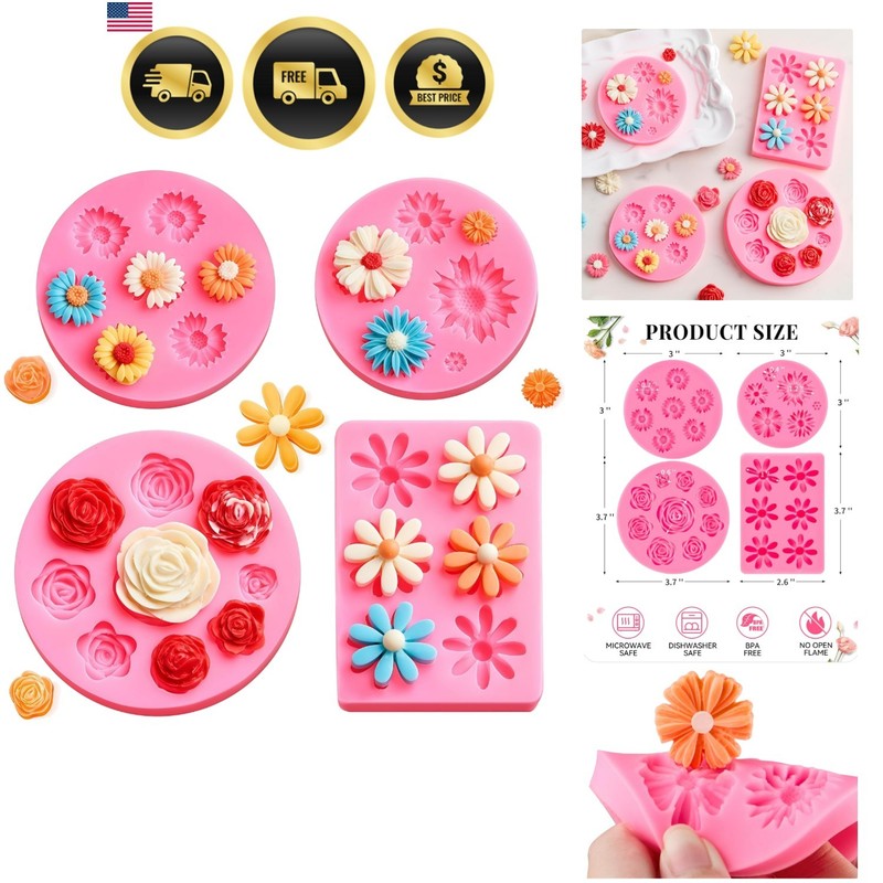 4 Pcs Flower Silicone Fondant Molds, Daisy Rose Flower Chocolate Candy Molds …