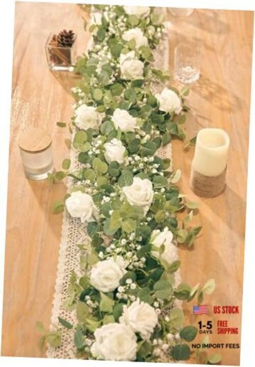 5.91FT Artificial Eucalyptus Garland with Flowers, Fake Rose 2PCS Ivory White