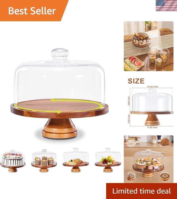 Glass Cake Stand with Lid,11in Wooden Rotating Cake Stand with Dome Cover, Ca…