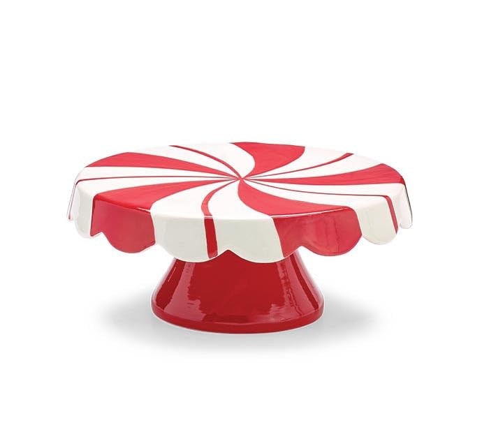 burton+BURTON Peppermint Swirl Cake Plate, 8.75-Inch, Ceramic, Red and White