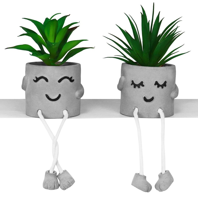 Zerzsy Faux Succulents in Cement Pots with Hanging Leg, Small, 2 Pcs Set/B