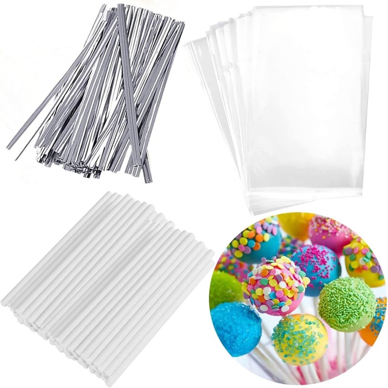 Versatile Silver Cake Pop Treat Set - 100 Bags, Sticks & Twist Ties Included gallery