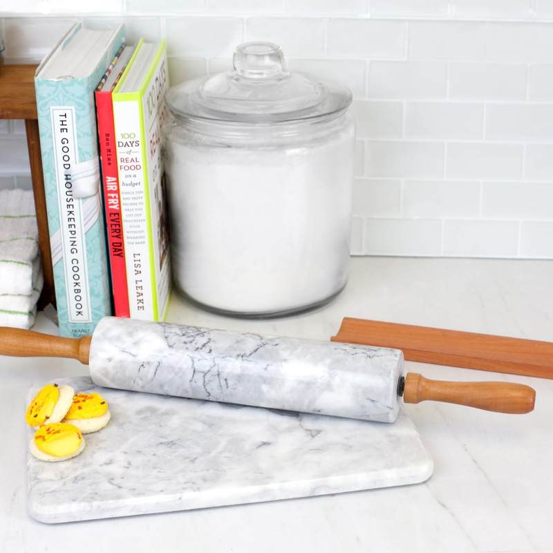 White Marble Stone Rolling Pin with Easy Grip Wood Handles and Wooden Cradle Dis gallery