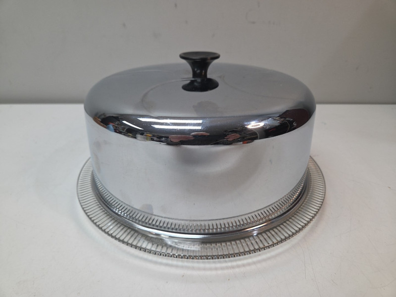 Stainless Steel Cake Dome Glass Plate Vintage 1940s MCM