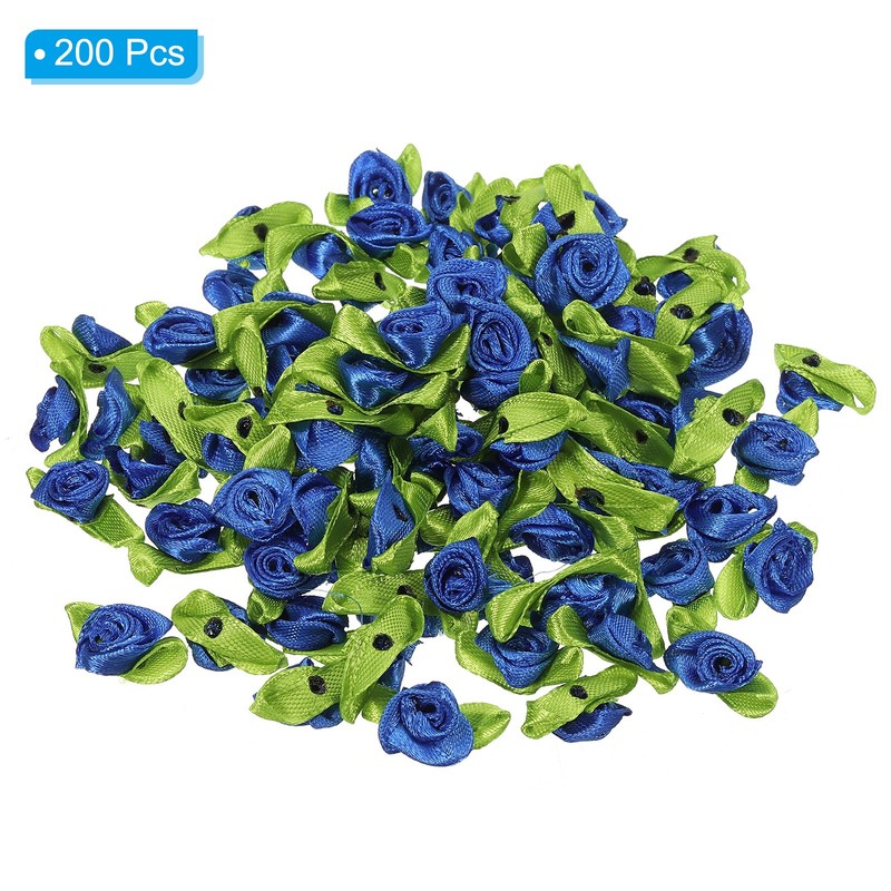 Mini Ribbon Roses, 200 Pcs Tiny Satin Fabric Flowers with Green Leaves, Blue gallery