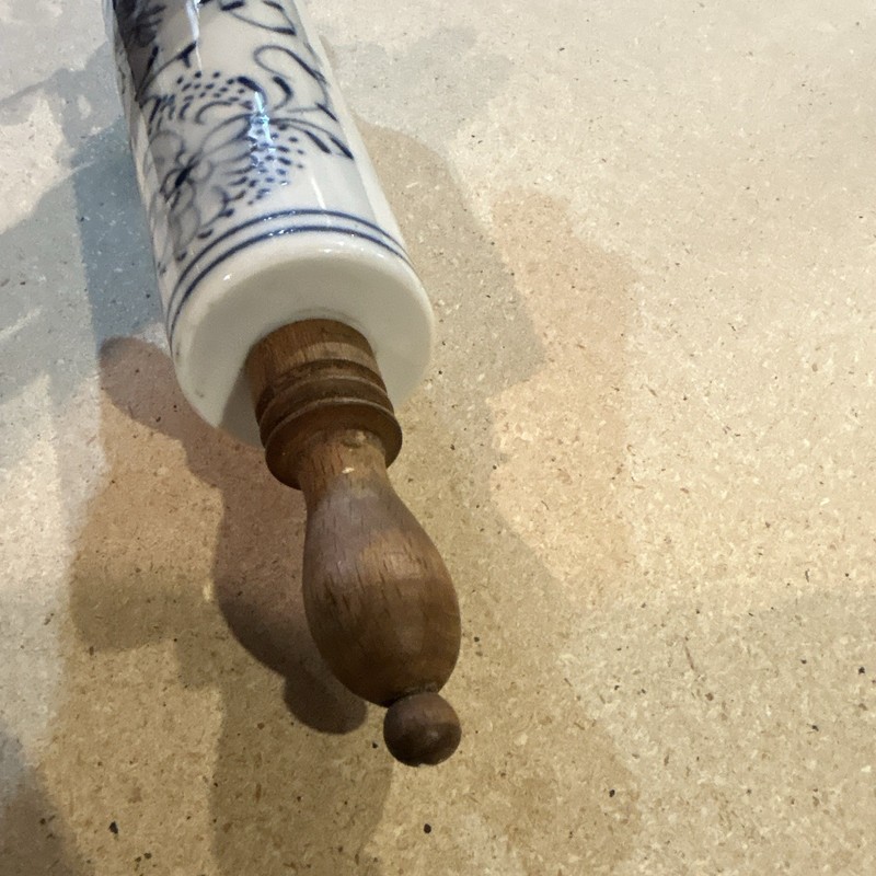 Blue & White Floral Ceramic Rolling Pin w/ Wooden Handles, 6 in gallery