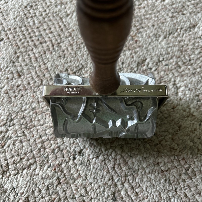 Vintage Monopol Auro Germany Christmas Cookie Cutter Roller Press Wood Handle