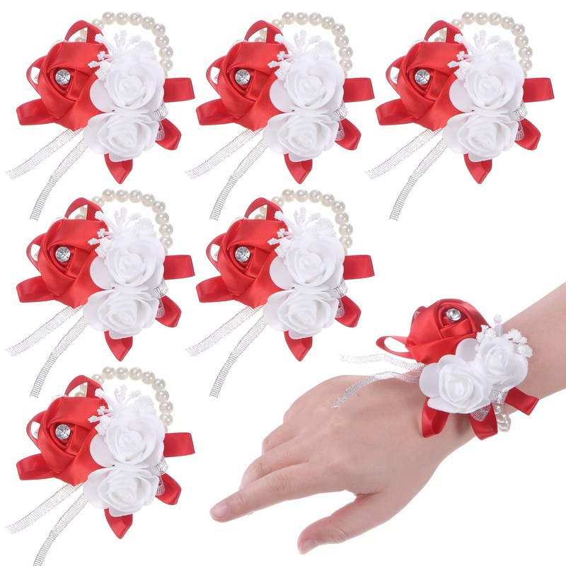 6 Pack Pearl Wristbands for DIY Supplies [Red]