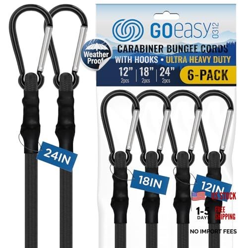 Heavy Duty Black Bungee Cords with Hooks – 12″, 18″ & 24″ Carabiner Cords