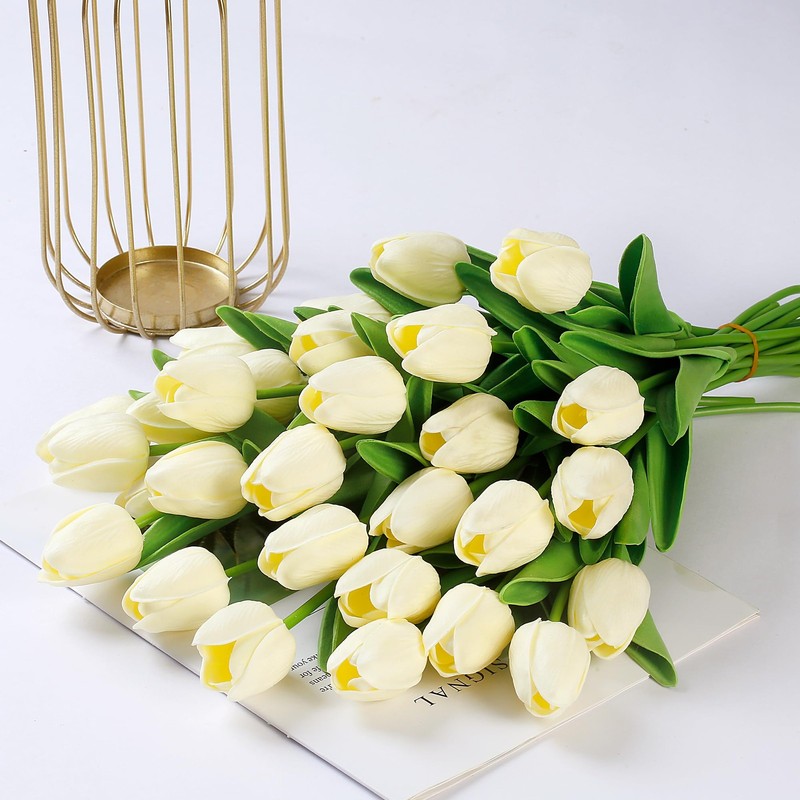 Sggvecsy 15 Pcs Fake Tulips Artificial Flowers Real Touch 15 Pcs, Milk White gallery