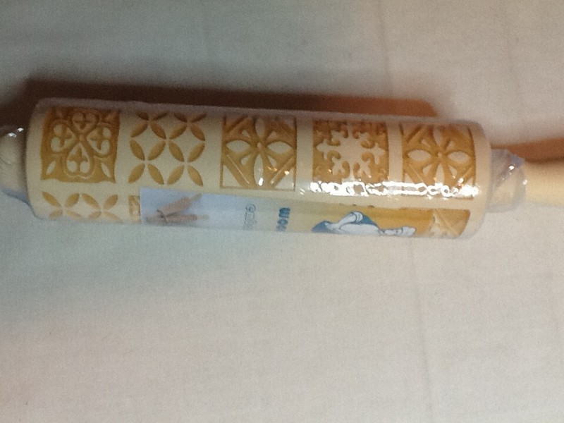EMBOSSING ROLLING PIN SOLID WOOD NATURAL NO PAINT 13.5" SPINNING HANDLES 122123c gallery