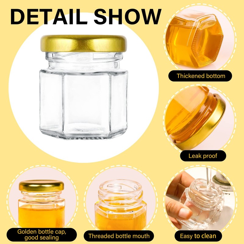Mini Glass Honey jars-1.5 oz,30 pcs Hexagon Honey Jars with Wooden Dipper,Gol... gallery
