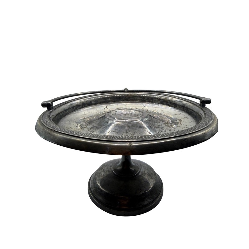 Antique Silver Plated Pedestal Cake Stand Engraved Strawberry Motif Swing Handle