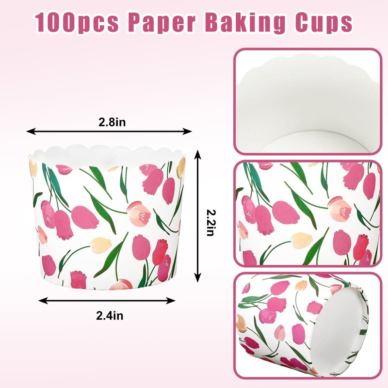 100 PCS HandPainted Spring Tulip Scalloped Pink Floral Cupcake Wrappers gallery