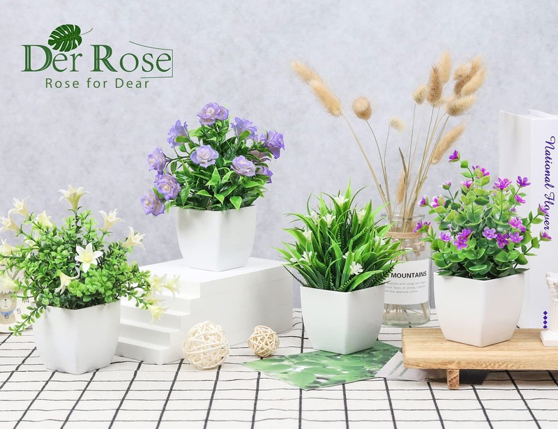 Der Rose 4 Pack Small Fake Plants with Flowers, Spring 7.18"H × 4.7"W, White gallery