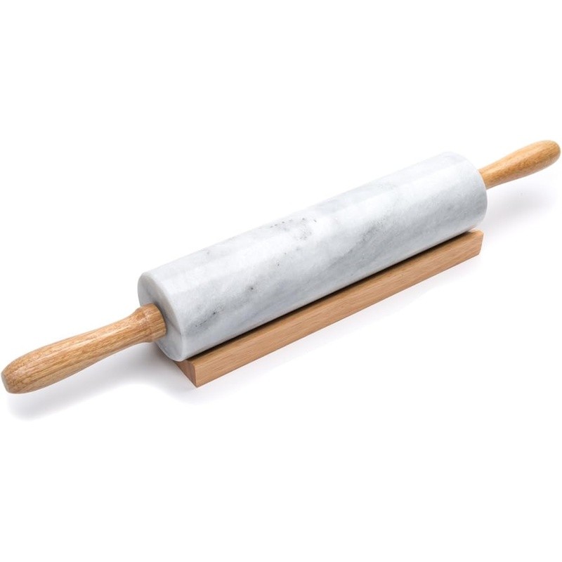Elegant Natural Stone Rolling Pin W/ Wooden Handles Non Stick Surface & Base New