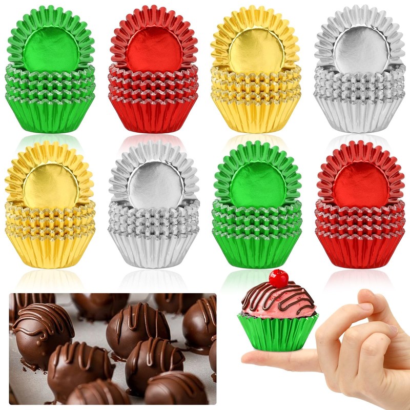 400 PCS Christmas Mini Foil Cupcake Liners Golden Red Green Silver Baking Cups