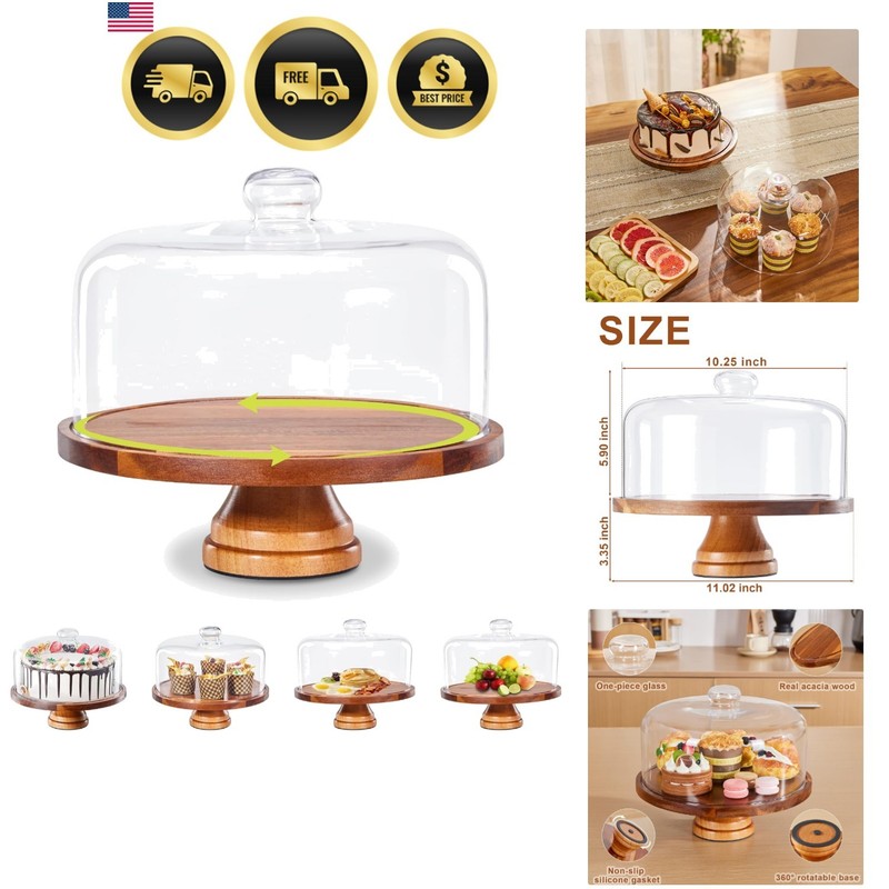 Glass Cake Stand with Lid,in Wooden Rotating Cake Stand with Dome Cover, Cake…
