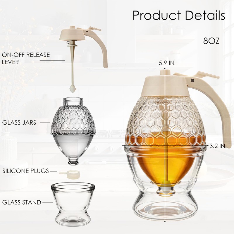 Honey Dispenser, No Drip Glass Maple Syrup Dispenser with Stand, Reusable Hon... gallery