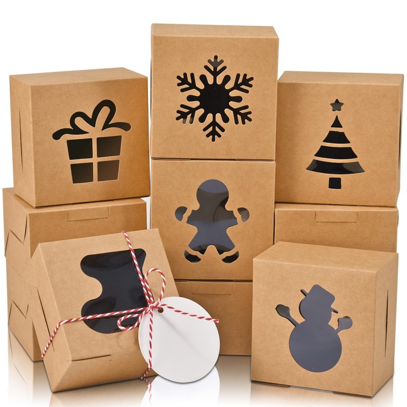 30 PCS 4x4x2.5 Inch Brown Christmas Cookie Bakery Box Window Cake Treat