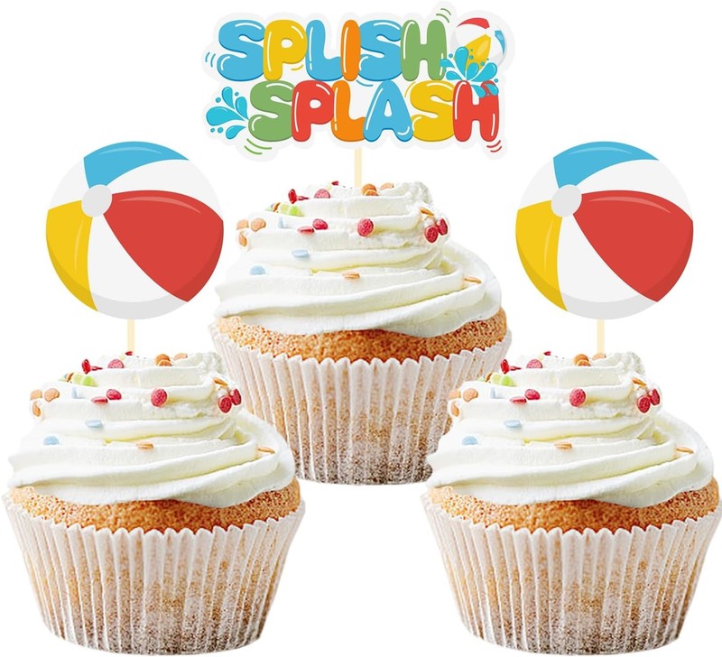 24 Pack Splish Splash Beach Ball Cupcake Toppers, Summer Pool Party Decorations