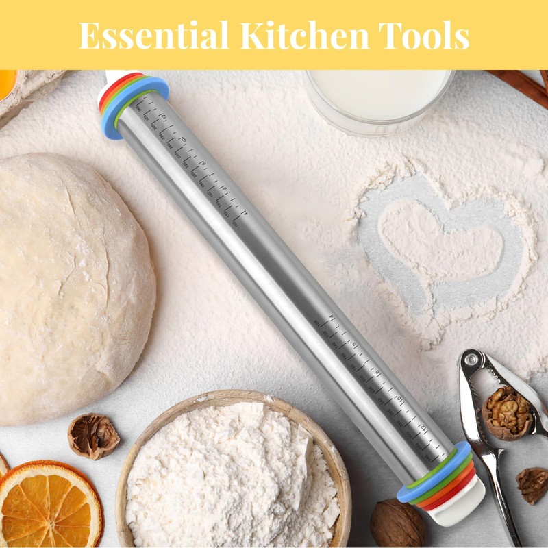 Adjustable Rolling Pin with 4 Thickness Rings for Baking, 17” Middle, Silver gallery
