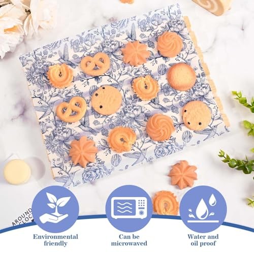 150Pcs Blue Floral Wax Paper for Food Chinoiserie Blue White Flower Decorative gallery