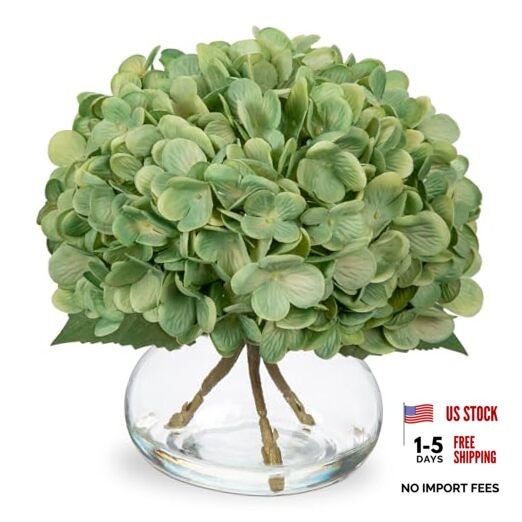 Hydrangea Artificial Flowers with Glass Vase Dark Green Hydrangea, Dark Green
