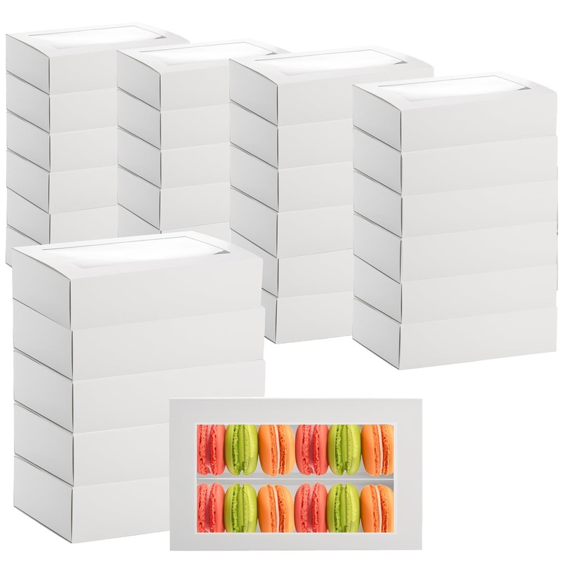 30 Pack Macaron Boxes For 12 White Bakery Gift With Clear Window 7x5x2 Inch