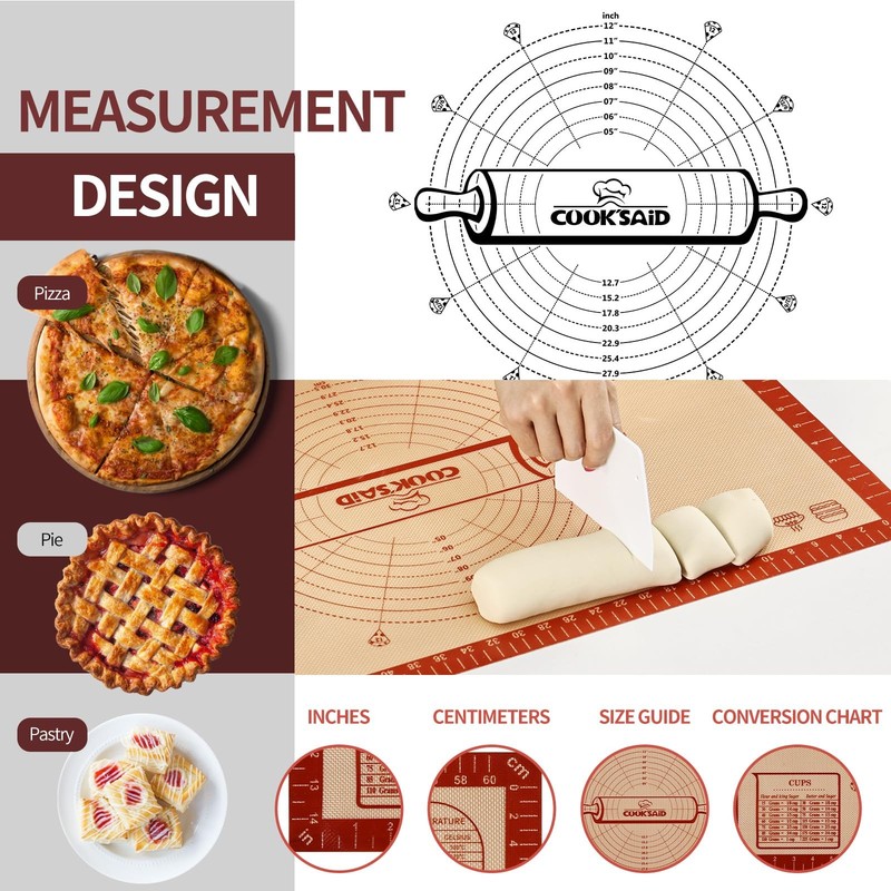 Cook's Aid Silicone Pastry Mat Extra Large with Measurements 26"L x 16"W, Red gallery