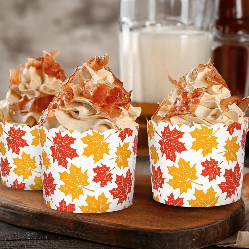 100 PCS Maple Leaf Paper Baking Cups Orange Red Fall Leaves Cupcake Wrappers gallery