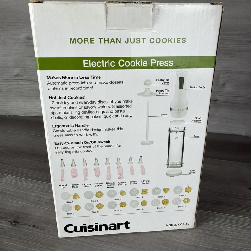 Cuisinart Electric Cookie Press Model CCP-10 New Open Box with 12 Discs 8 Tips gallery