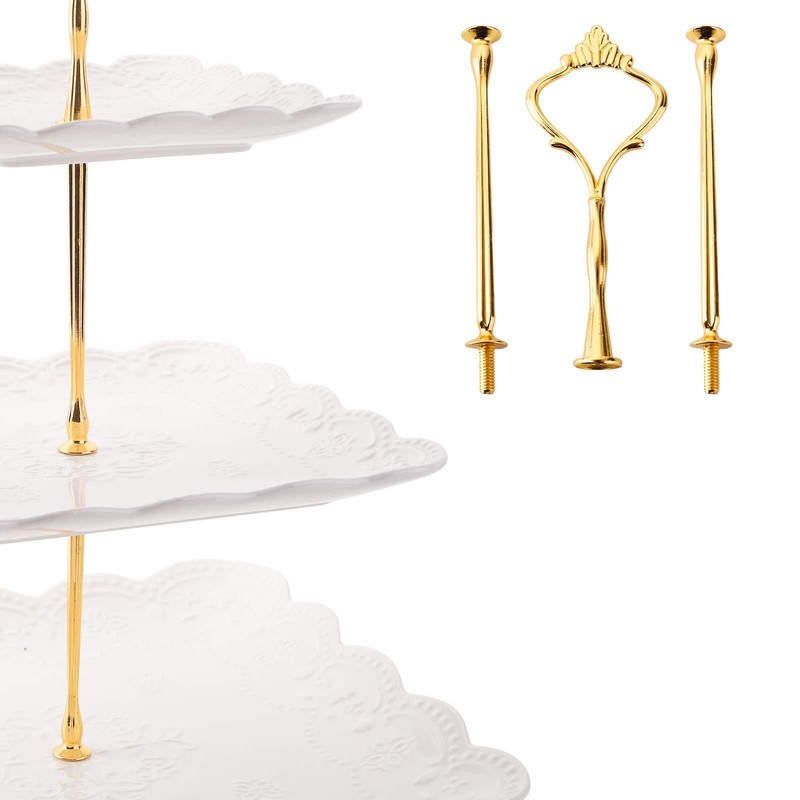2 Pack 3tier White Ceramic Embossed Dessert Cake Tower Stand With Gold Carry Han gallery
